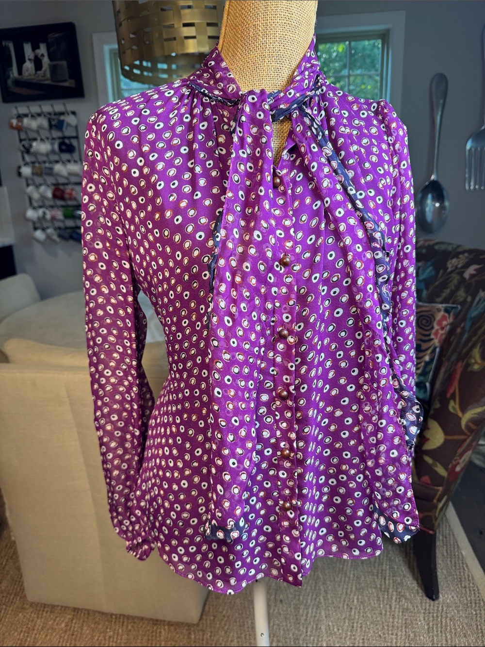 Diane Von Furstenberg Women’s Purple Printed Tie-Neck Blouse